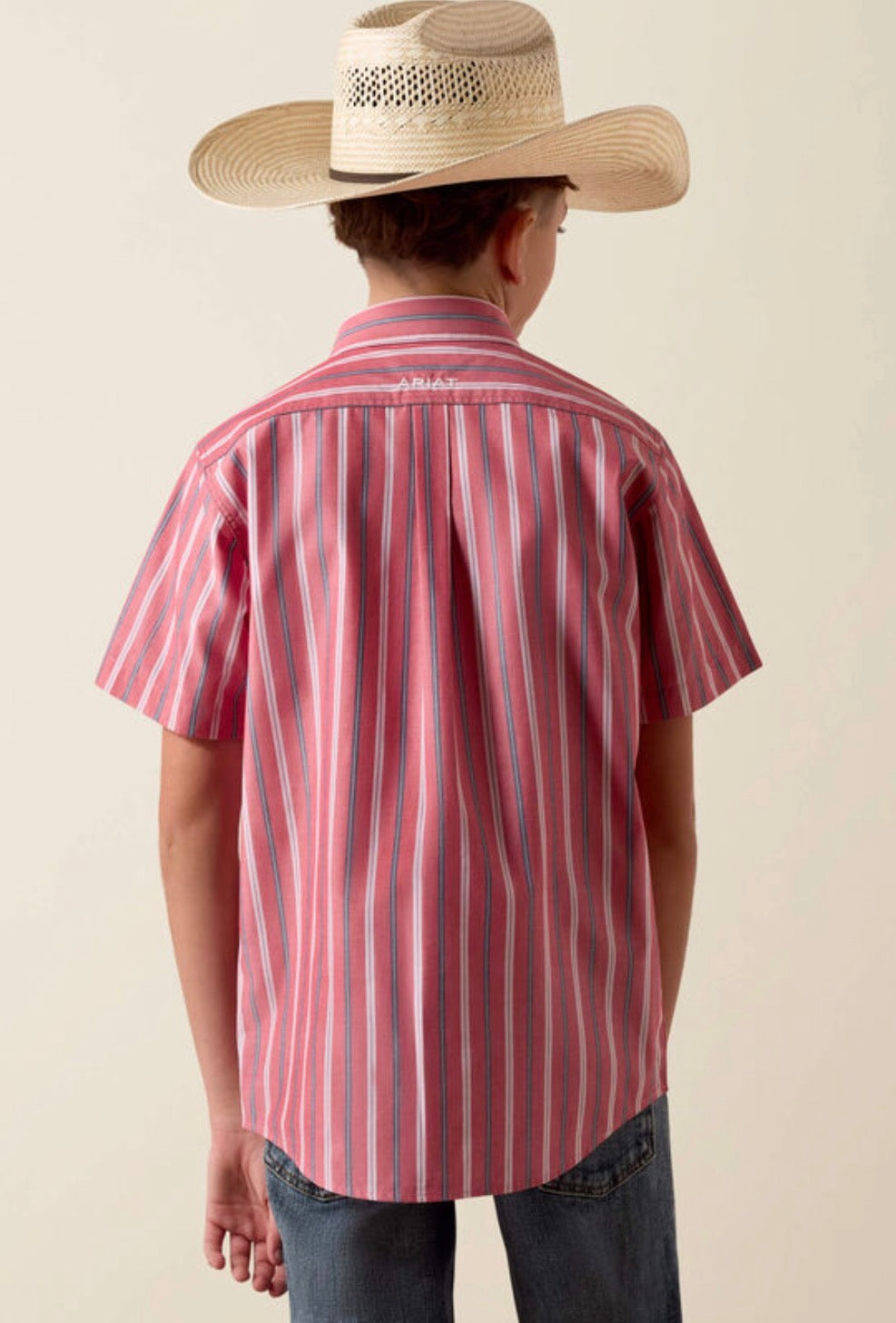 Boys Ariat Pro Series Bobby SS Shirt-HIBISCUS RED STRIPE