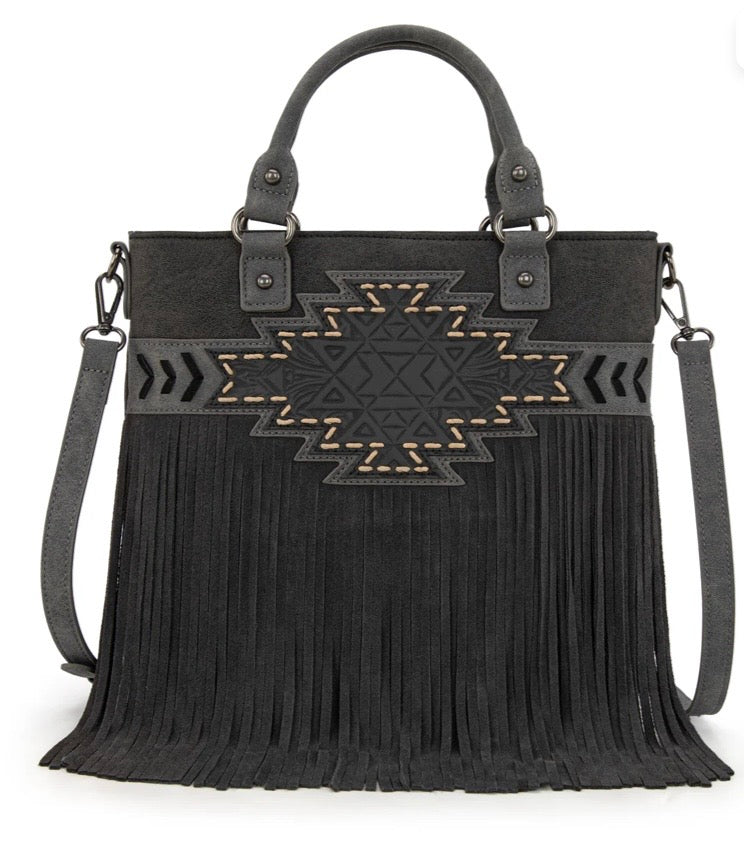 Trinity Ranch Aztec Tooled Fringe Concealed Carry Tote/Crossbody