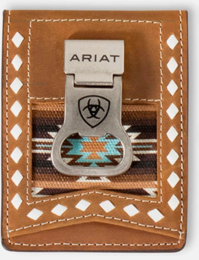 Ariat Western Mens Money Clip Leather Fabric Logo Laced Brown Wallet