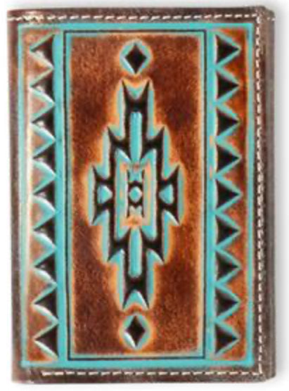 Ariat Western Mens Wallet Trifold Leather Turquoise Outline Brown