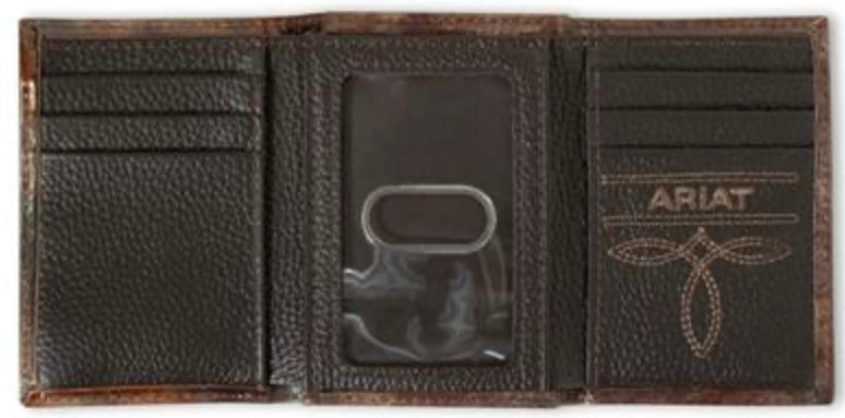 Ariat Western Men Wallet Trifold Leather Fabric Logo Patch Laced Brown
