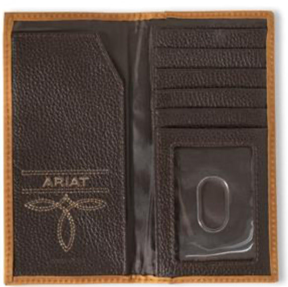 Ariat Western YOUTH Wallet Rodeo Leather Fabric Laced Logo Patch Brown