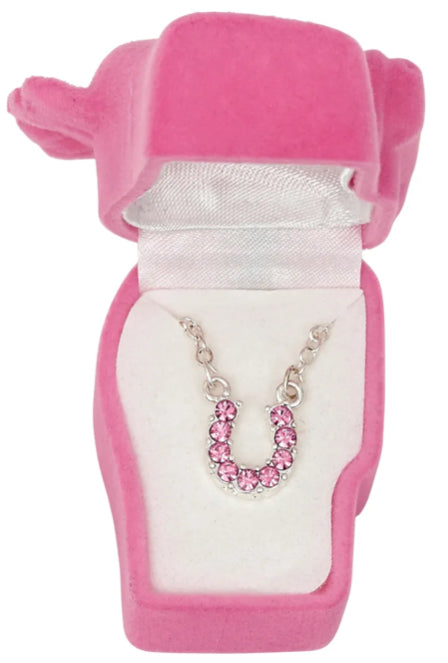 Girls Pink rhinestone horseshoe necklace in pink horse case