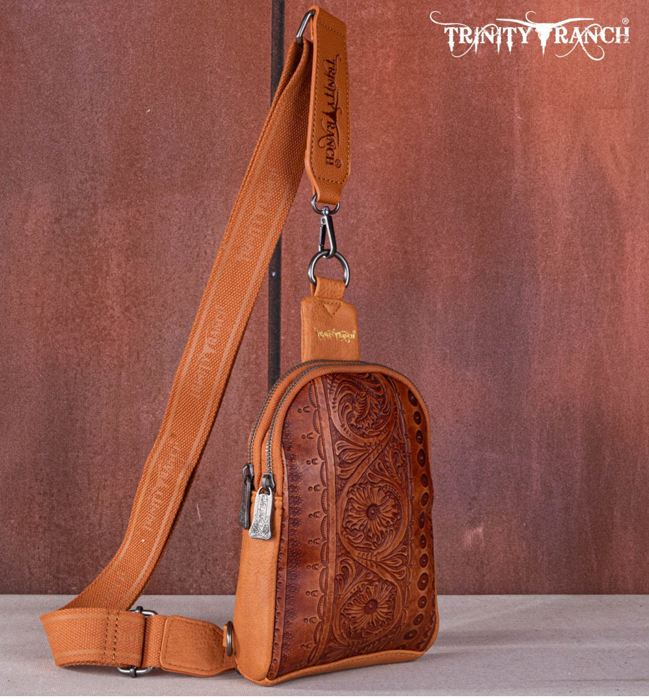 TRINITY RANCH FLORAL TOOLED COLLECTION SLING BAG