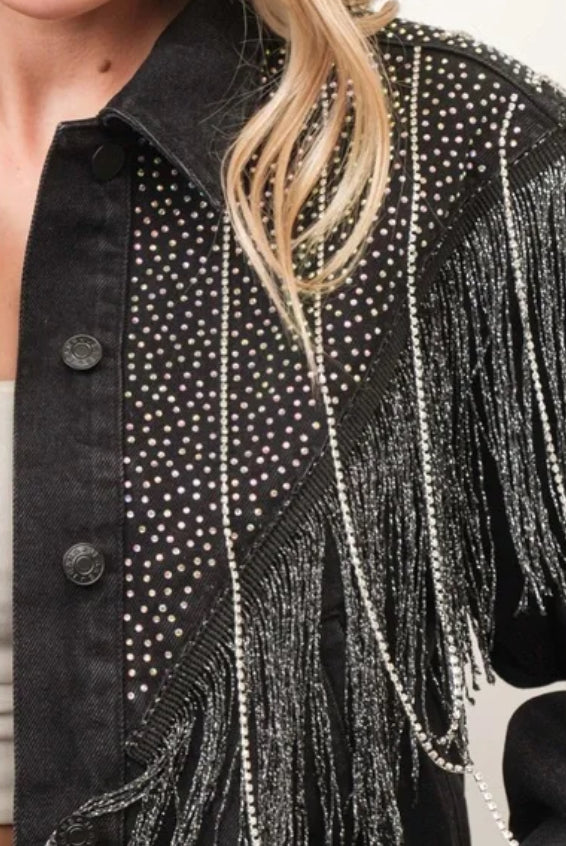 Black Crystal Fringe Denim Jacket