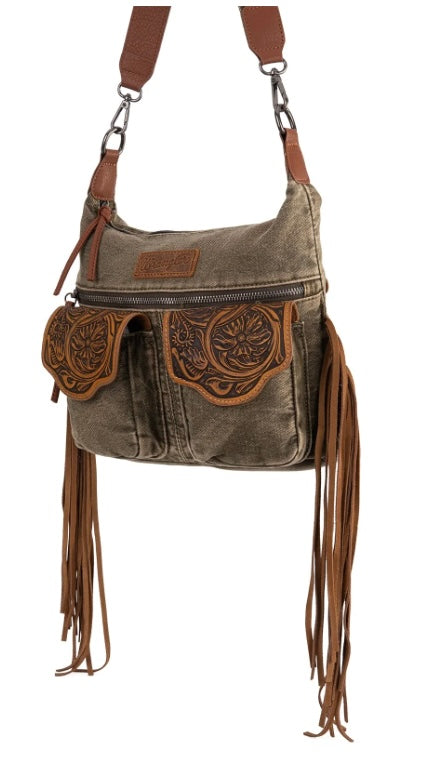 Wrangler Fringe Floral Tooled Denim Crossbody