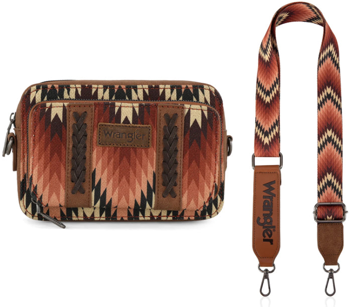 Wrangler Southwestern Pattern Dual Sided Print Crossbody Purse With Wallet Compartment