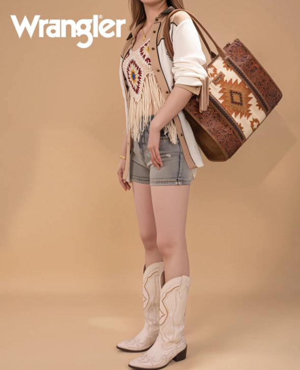 Wrangler Vintage Tooled Aztec Pattern Print Concealed Carry Large Tote -Brown