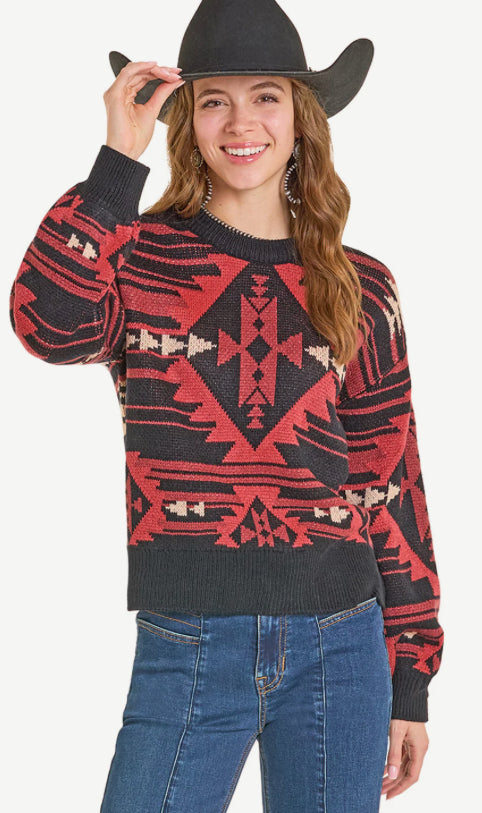 Women’s Rock & Roll Black/Red Aztec Sweater