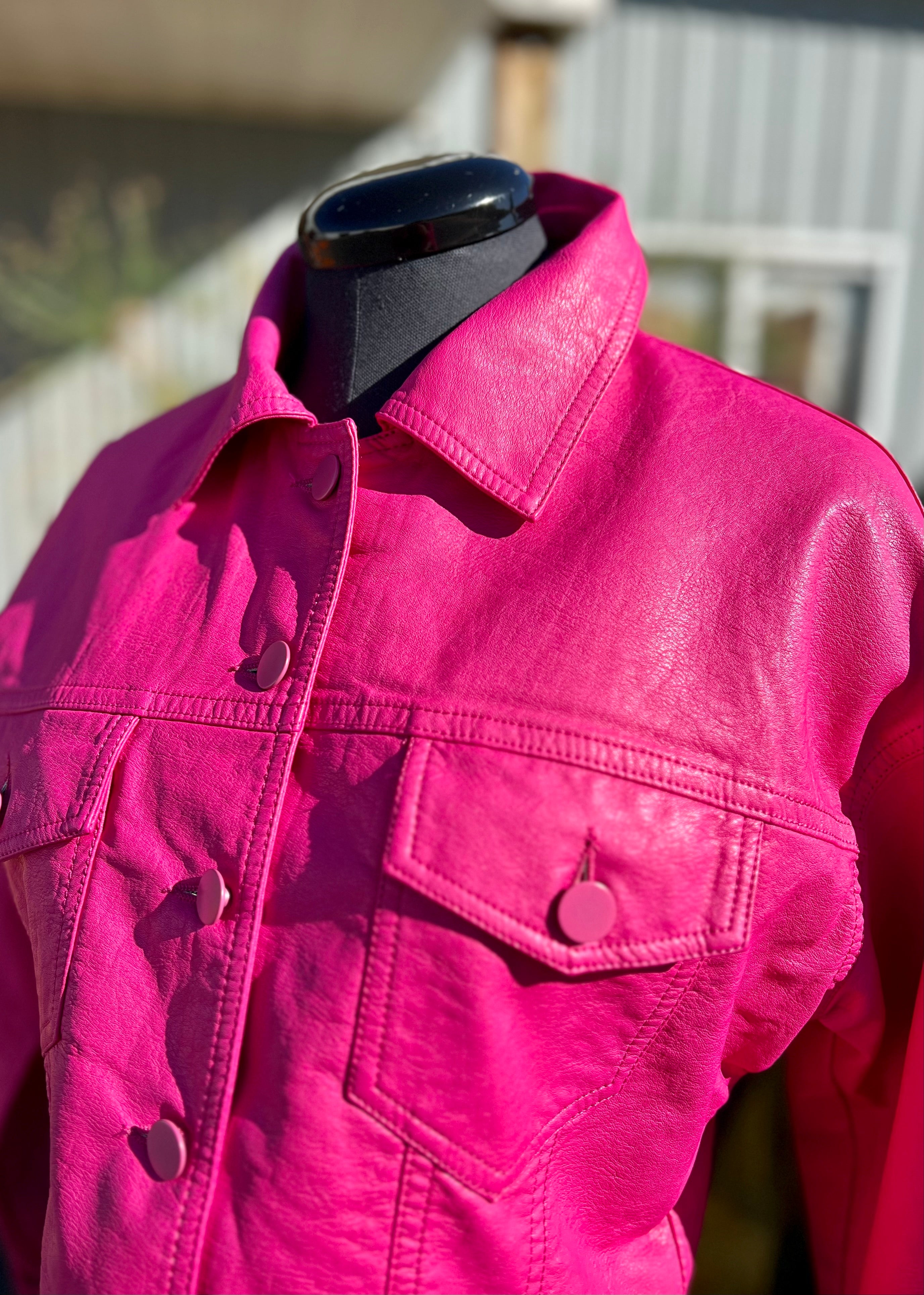 Bright Pink Faux Leather Cropped Jacket