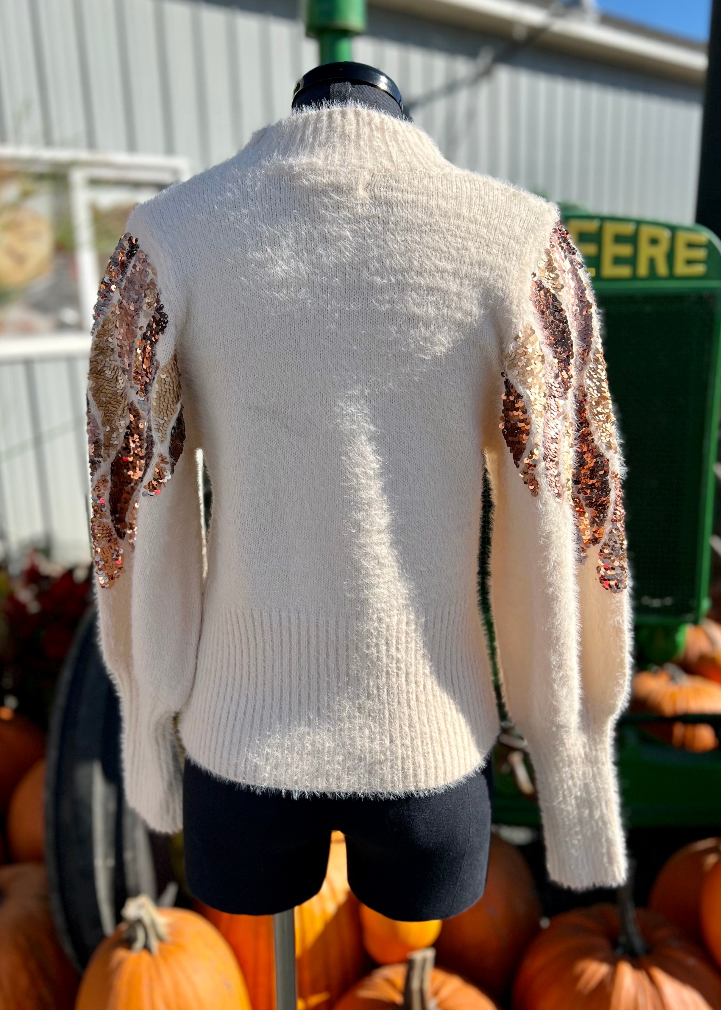 Cream Knit Turtleneck with Sequin Shoulders