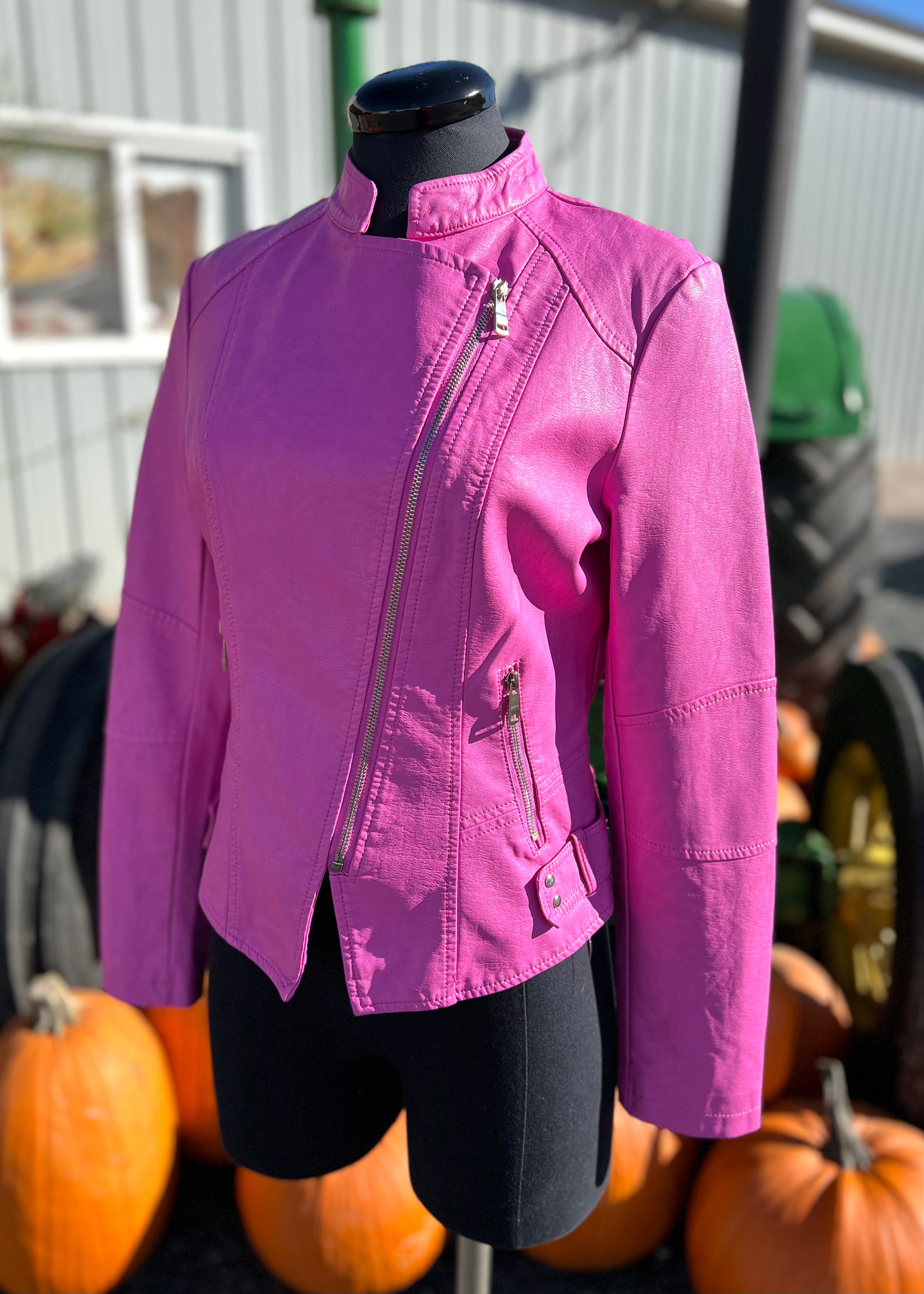 Barbie-Pink Moto Faux Leather Jacket