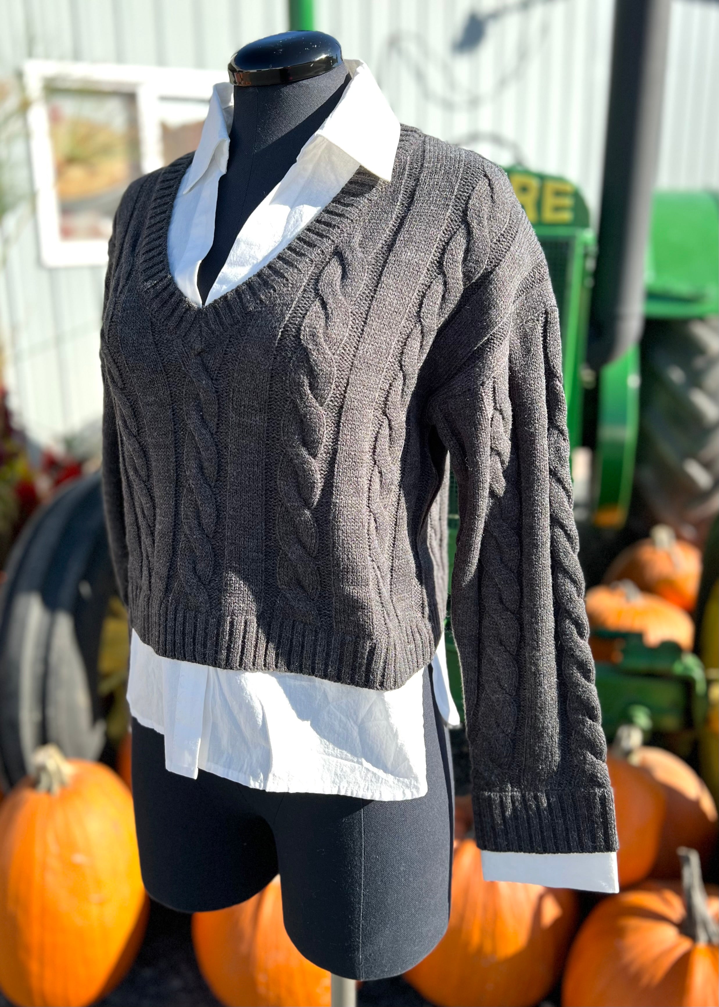 GRAY PREPPY CABLE KNIT SWEATER SHIRT TOP