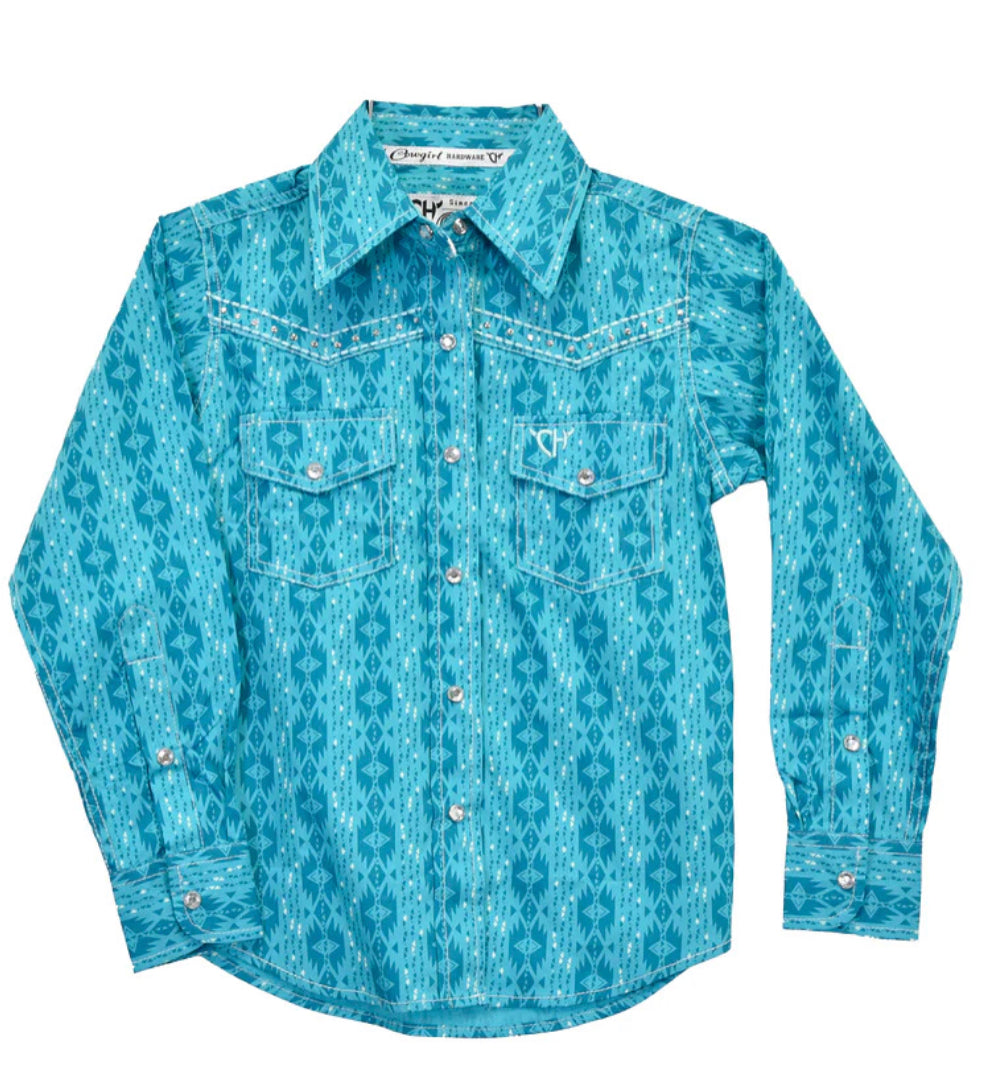 Cowgirl Hardware Girl's Shades of Teal Aztec Long Sleeve Western Shirt