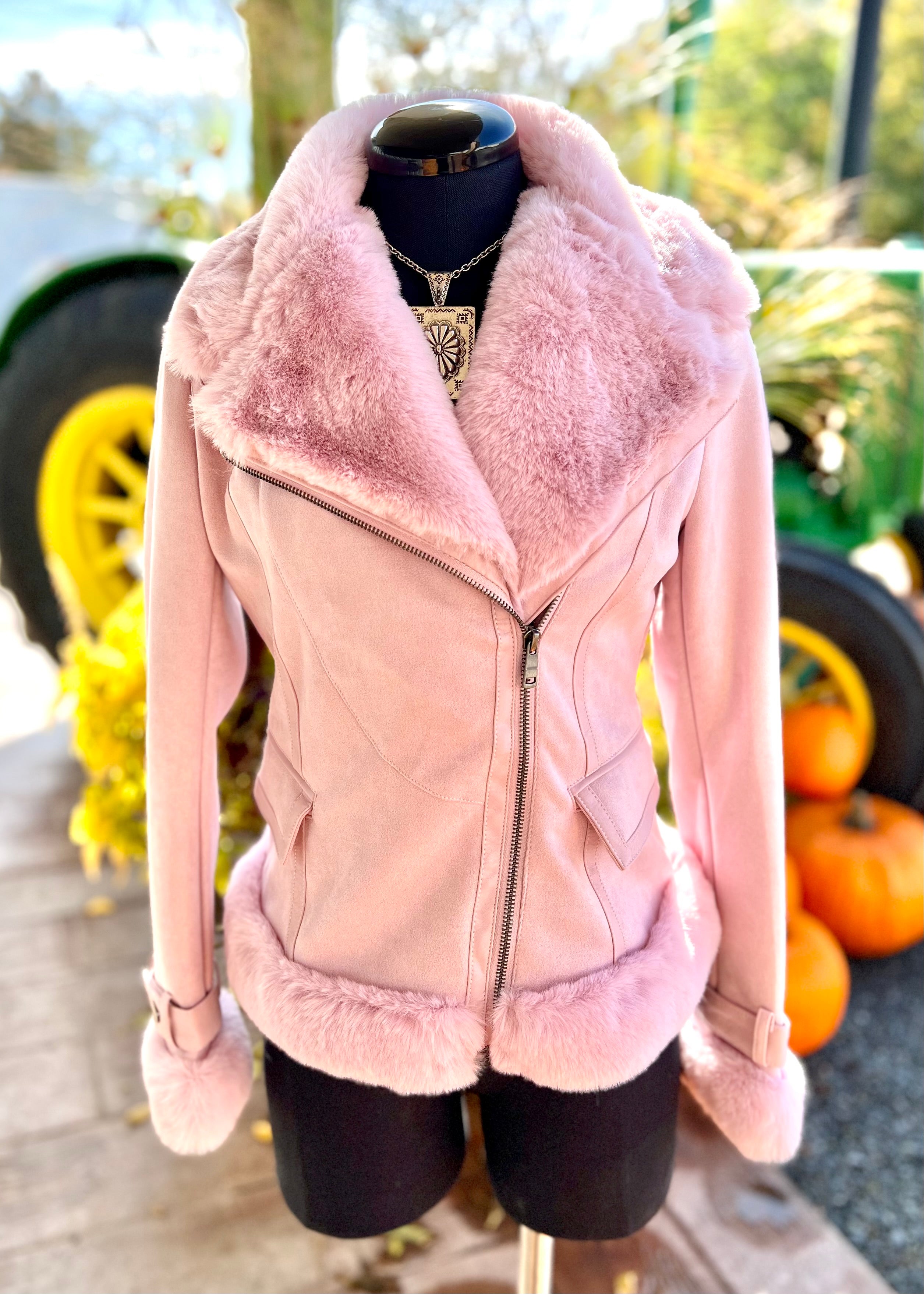 Faux Fur Light Pink Suede Coat