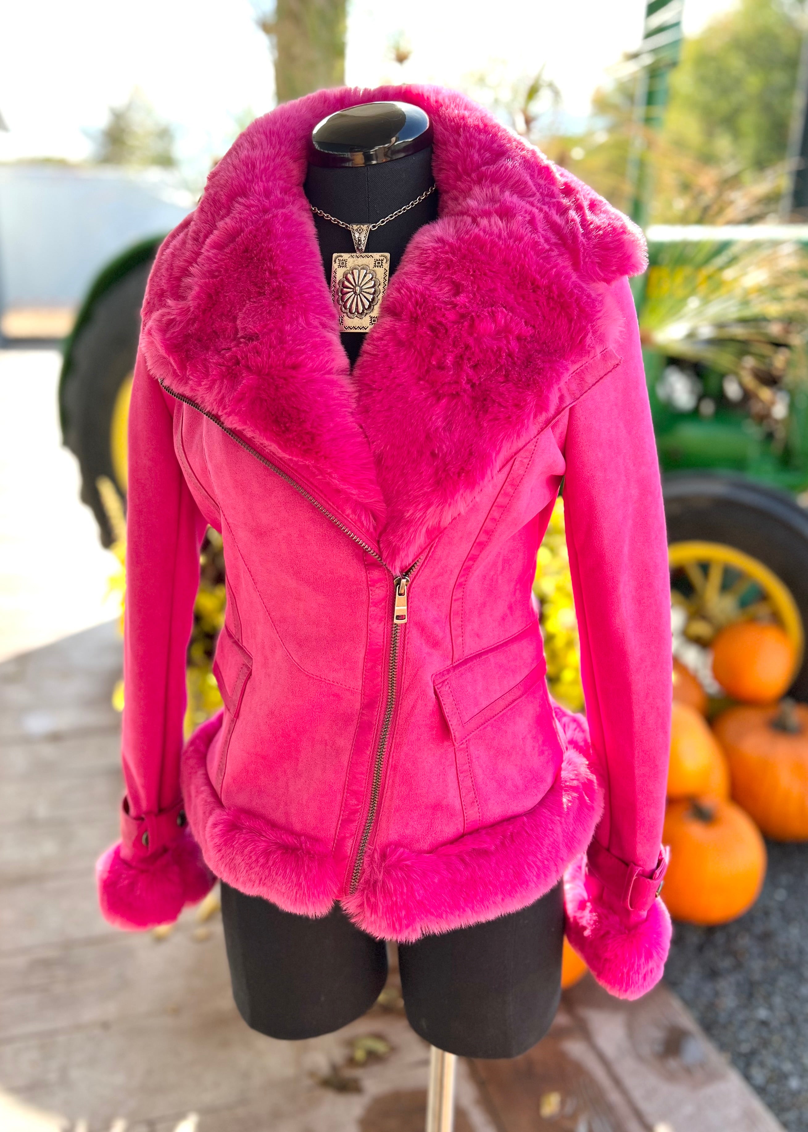 Faux Fur Bright Pink Suede Coat