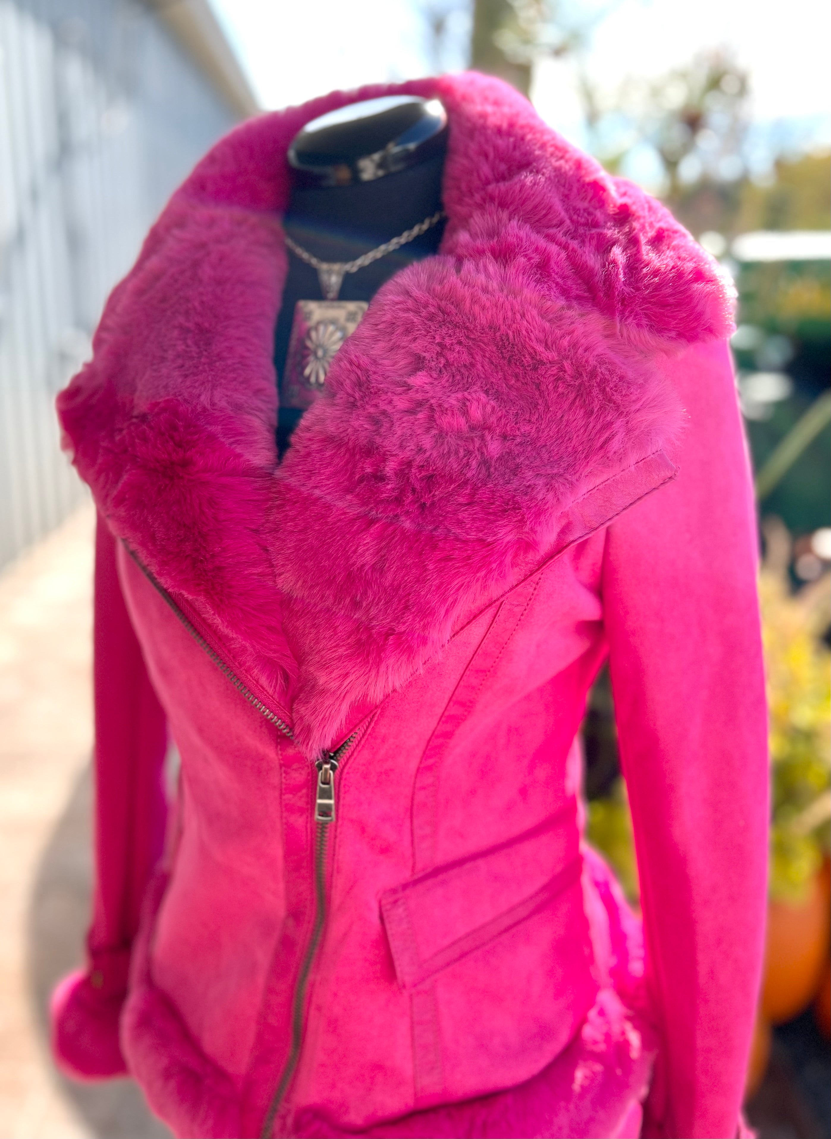 Faux Fur Bright Pink Suede Coat