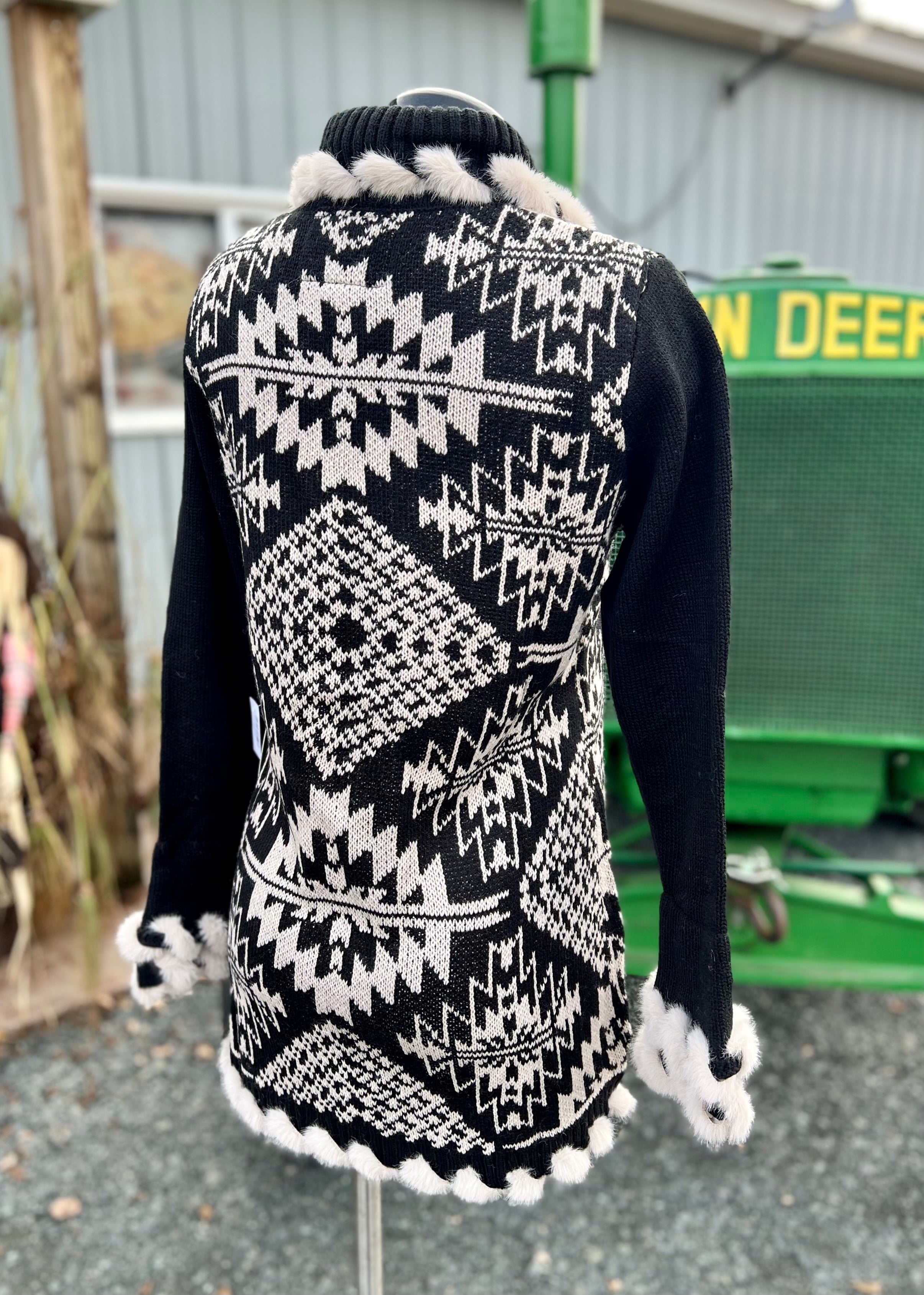 Fur Trimmed Aztec Style Cardigan Sweater