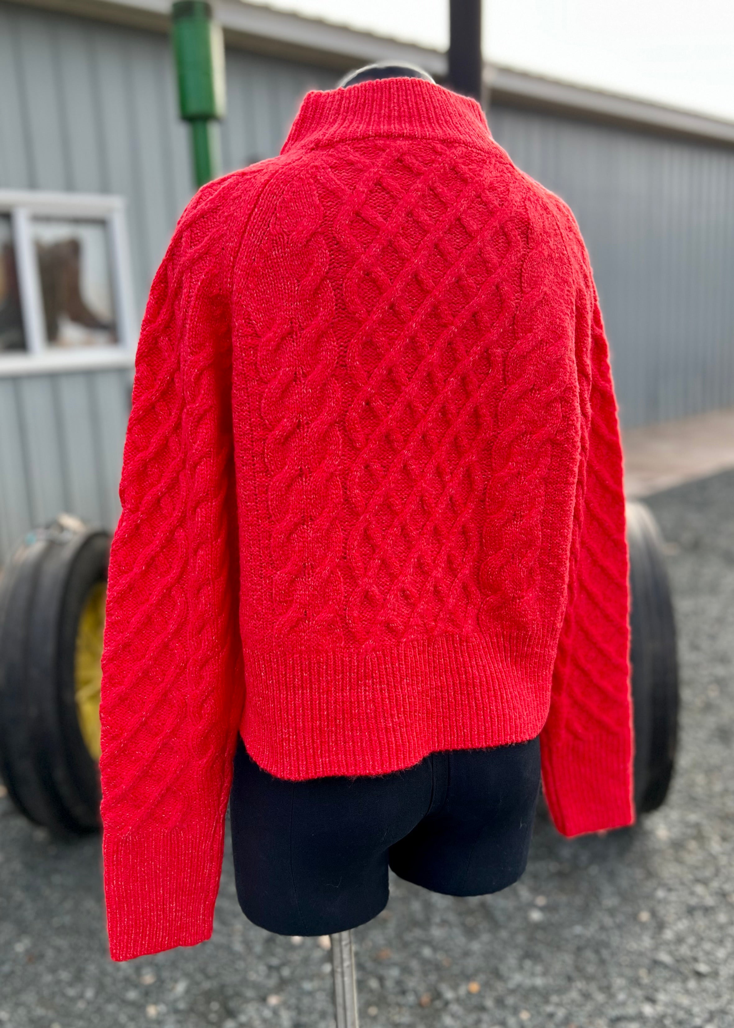 Red Cable Knit Sweater with Mock Neck