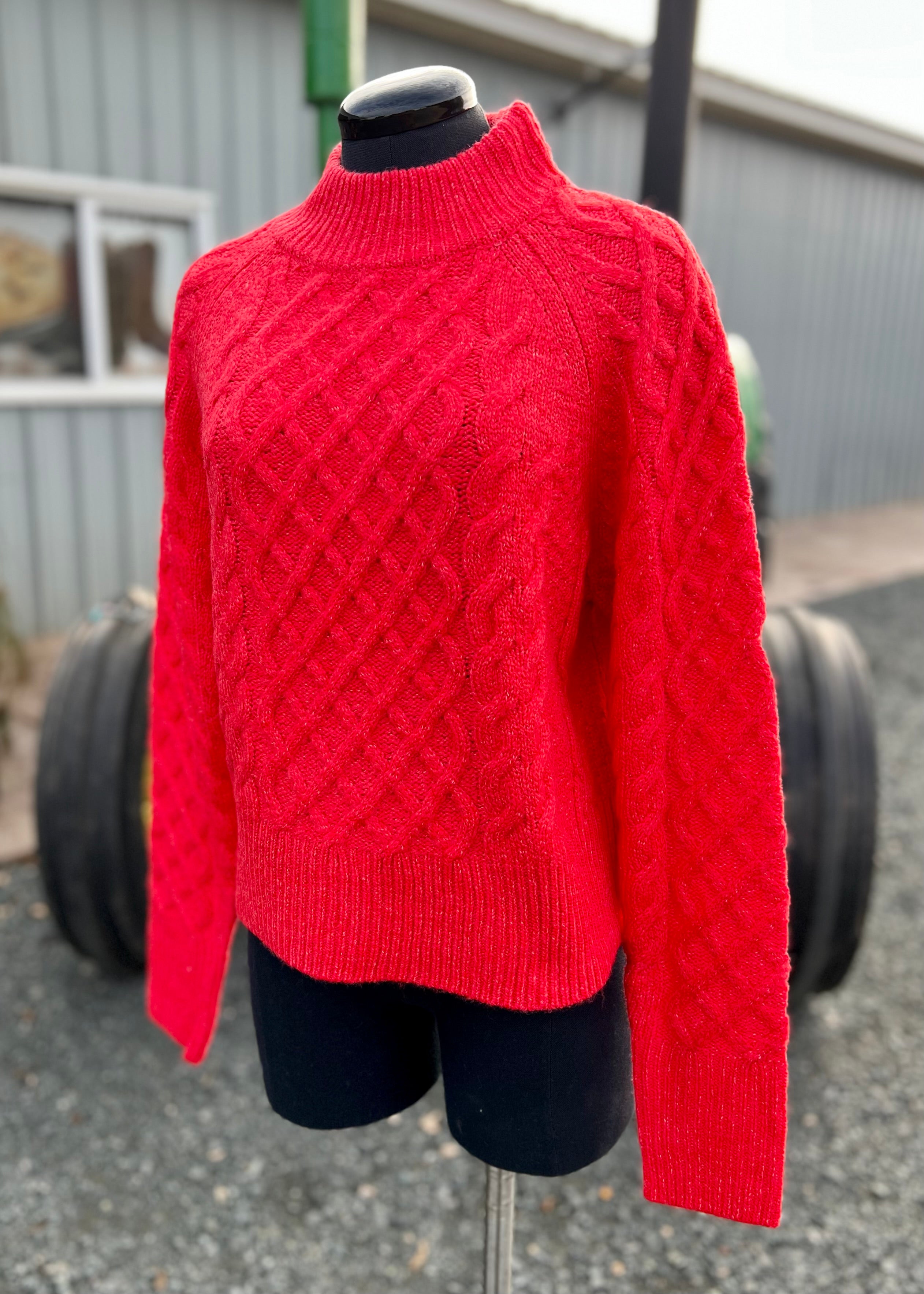 Red Cable Knit Sweater with Mock Neck