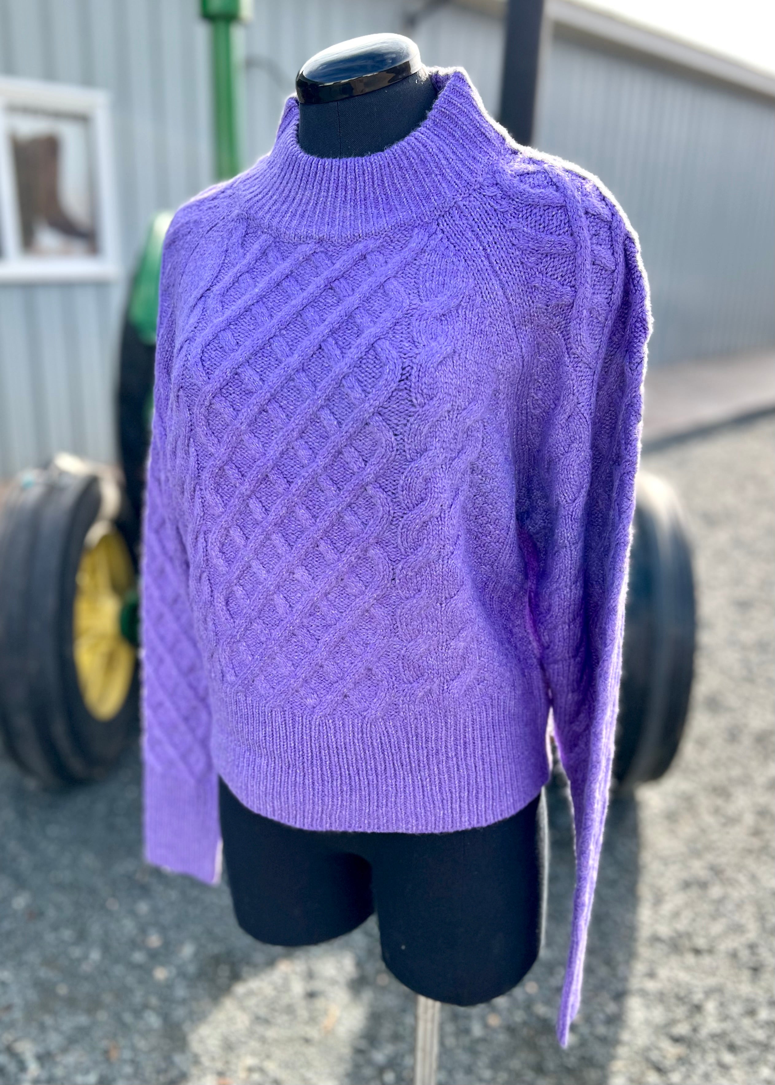 Purple Cable Knit Sweater with Mock Neck