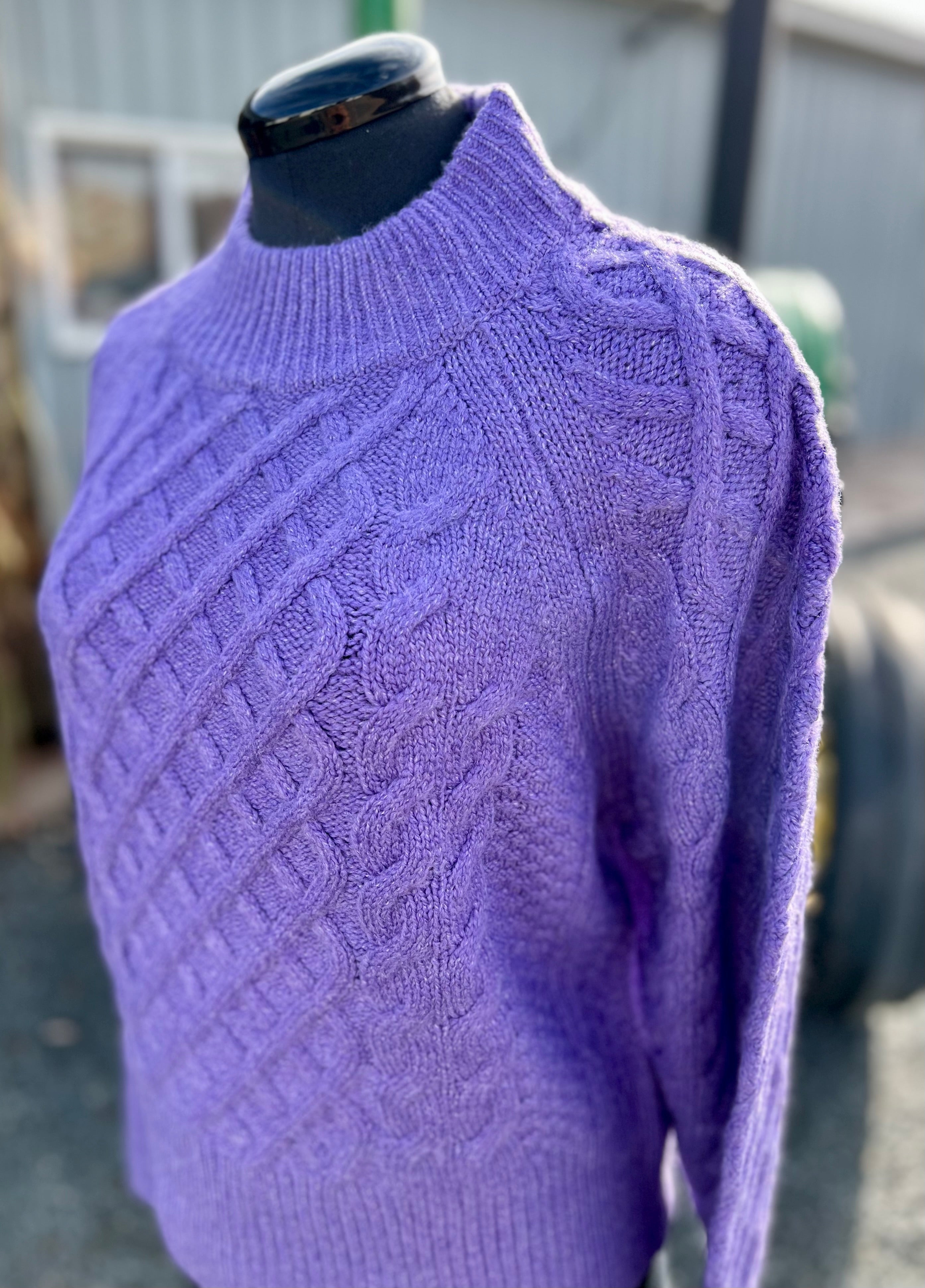 Purple Cable Knit Sweater with Mock Neck