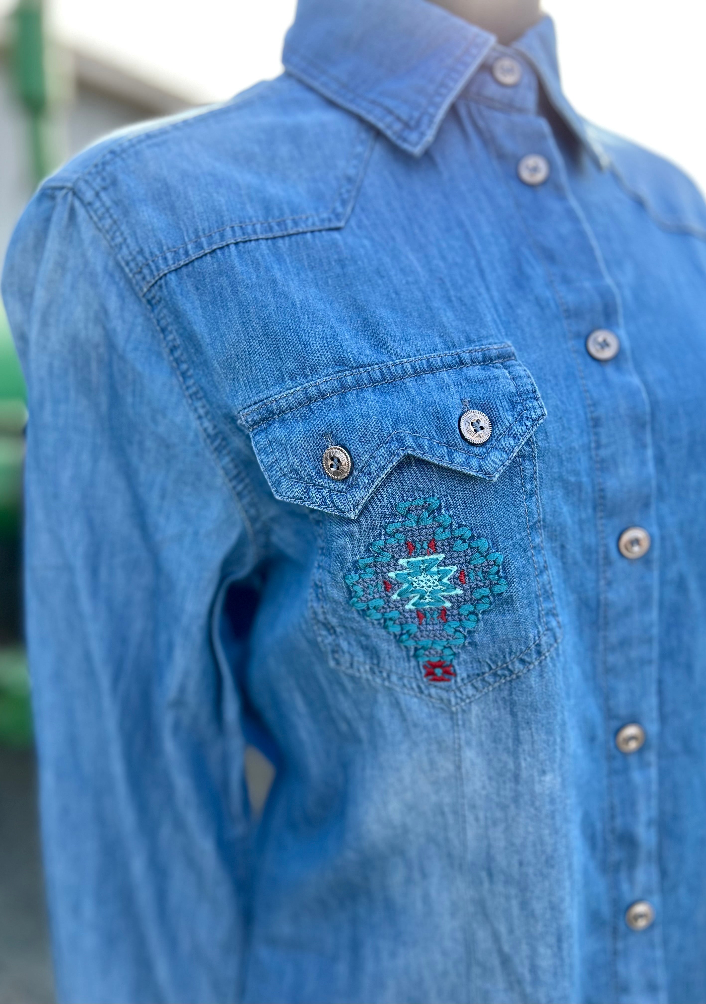 Western Chambray Button Down with Embroidery