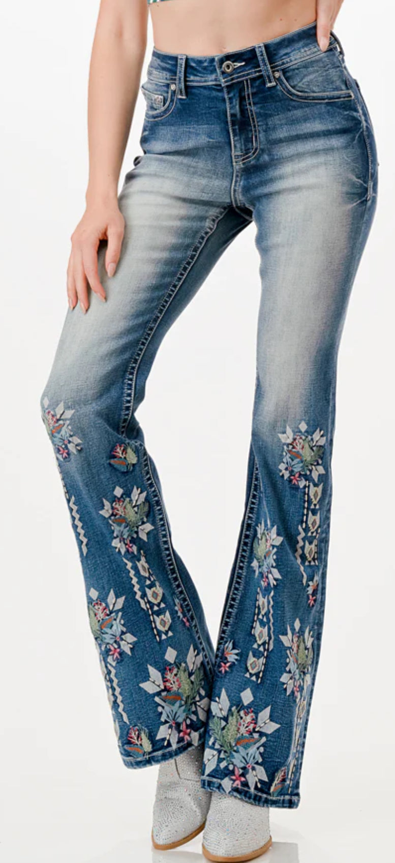 GRACE IN LA  FLORAL EMBROIDERY PRINTING HIGH WAIST FLARE