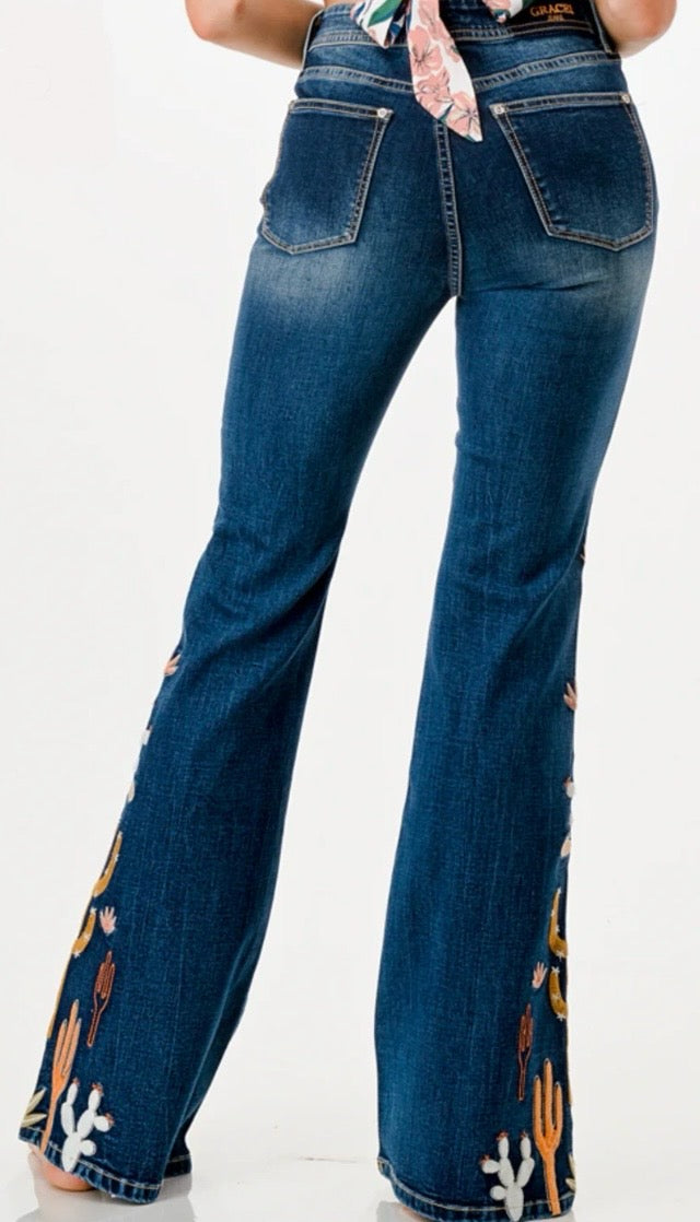 Grace in LA Women's High Waist Cactus Detail Medium Wash Flare Jeans