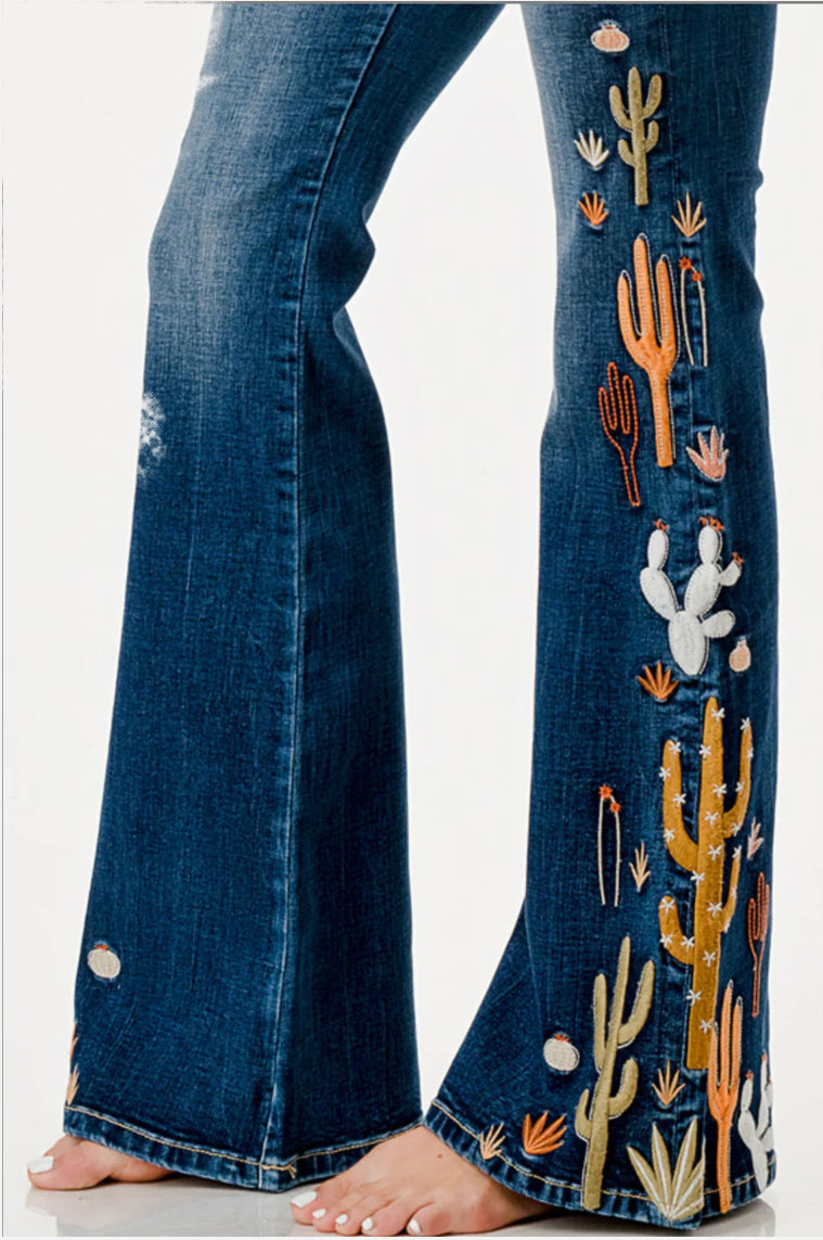 Grace in LA Women's High Waist Cactus Detail Medium Wash Flare Jeans
