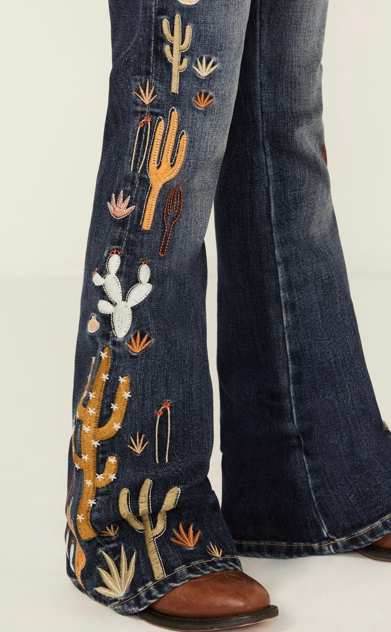 Grace in LA Girls' Medium Wash Cactus Embroidered Stretch Flare Jeans