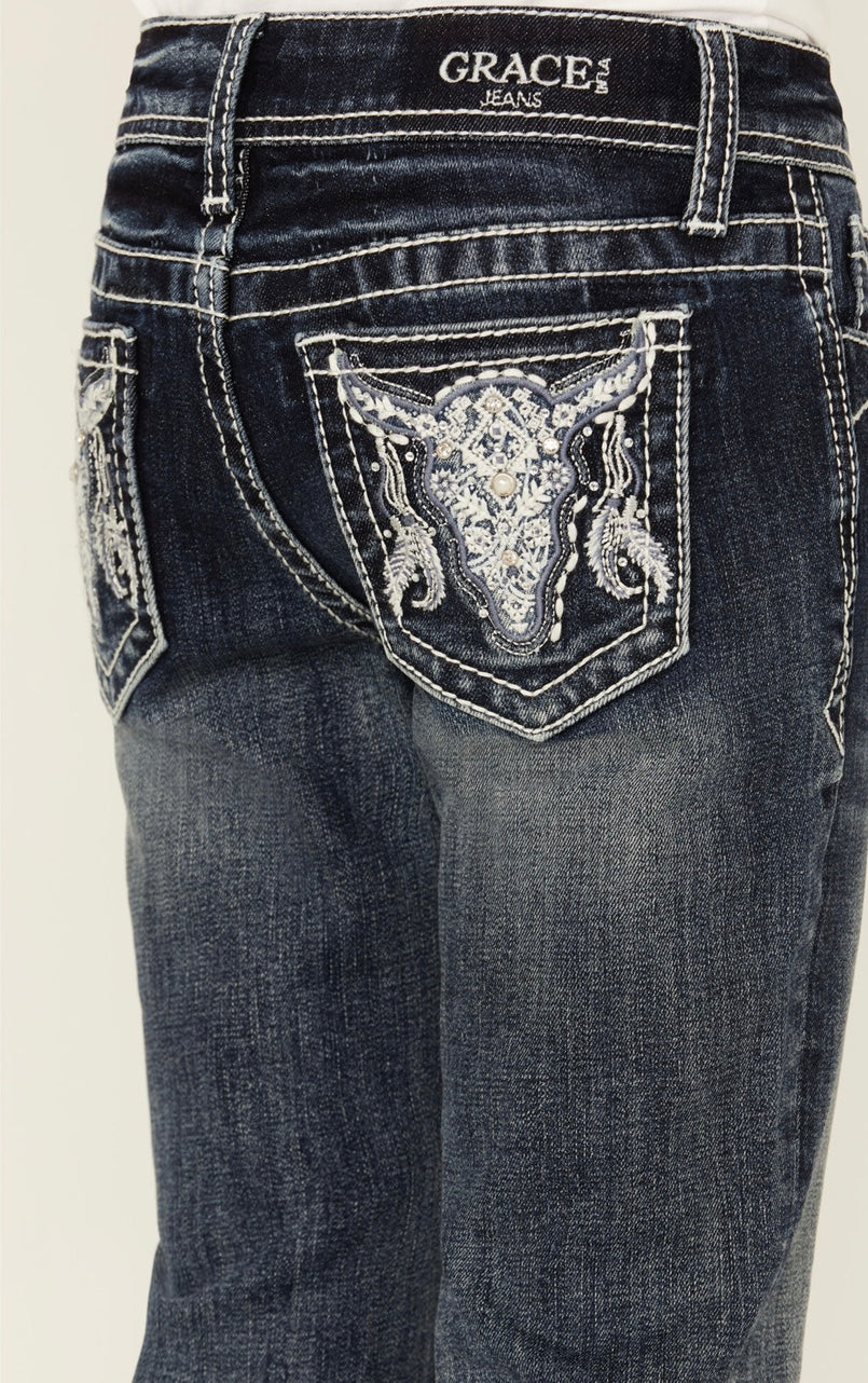 Grace in LA Girls' Medium Wash Longhorn Skull Stretch Bootcut Jeans