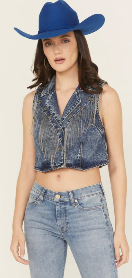 Rock & Roll Denim Women's Denim Fringe Concho Vest