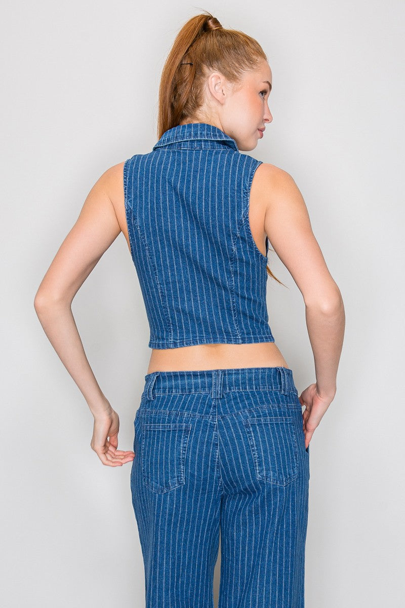 W Stripe Denim Zip up Top