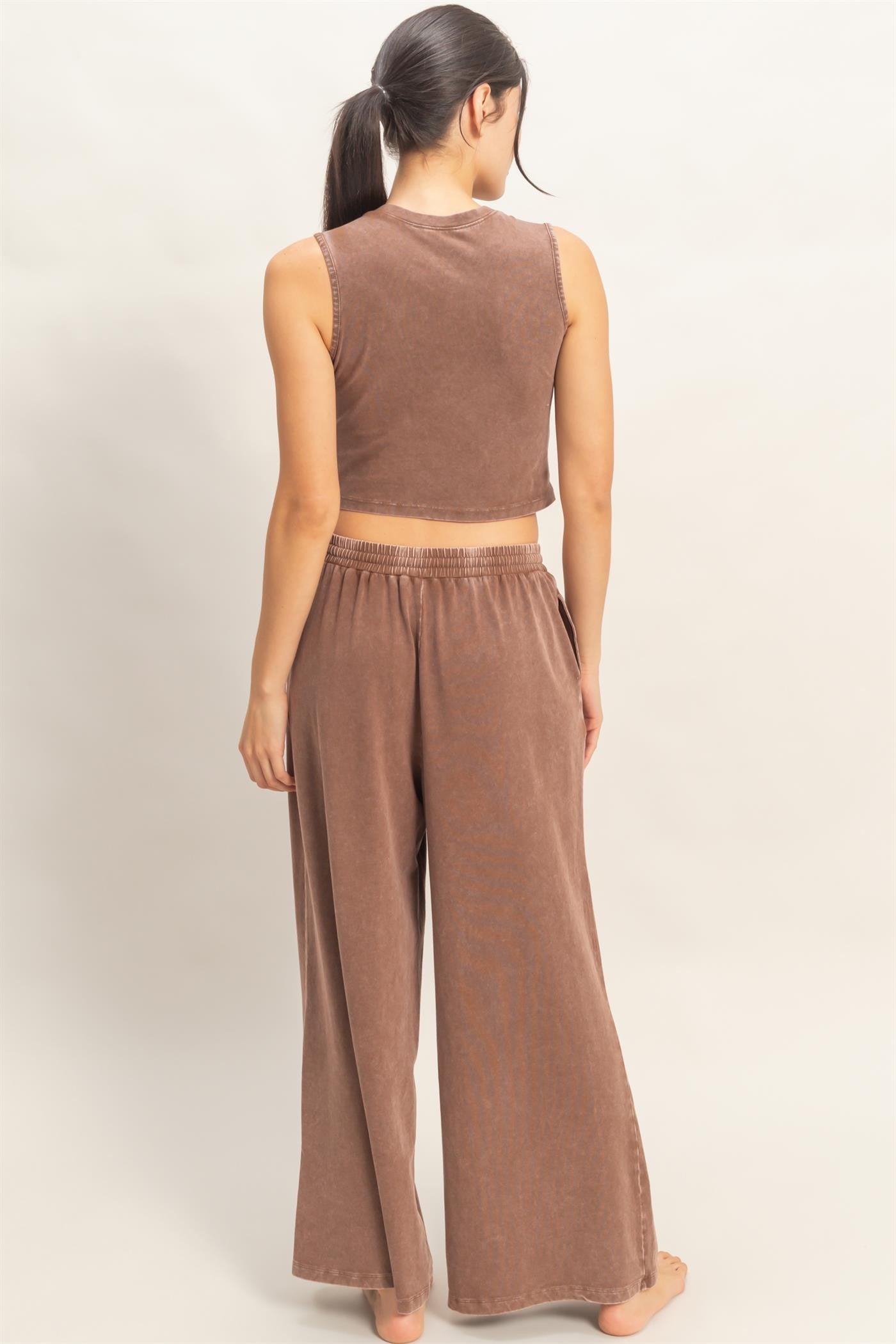 W Mineral Washed Sleeveless Top & Wide Leg Pants Set