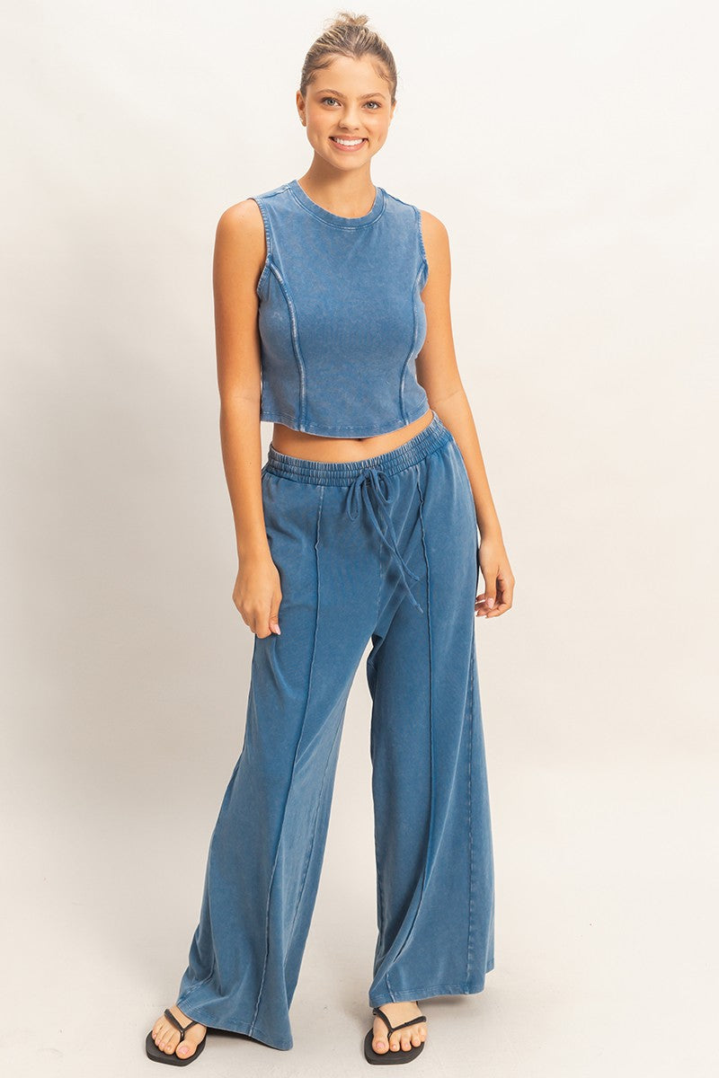 W Mineral Washed Sleeveless Top & Wide Leg Pants Set