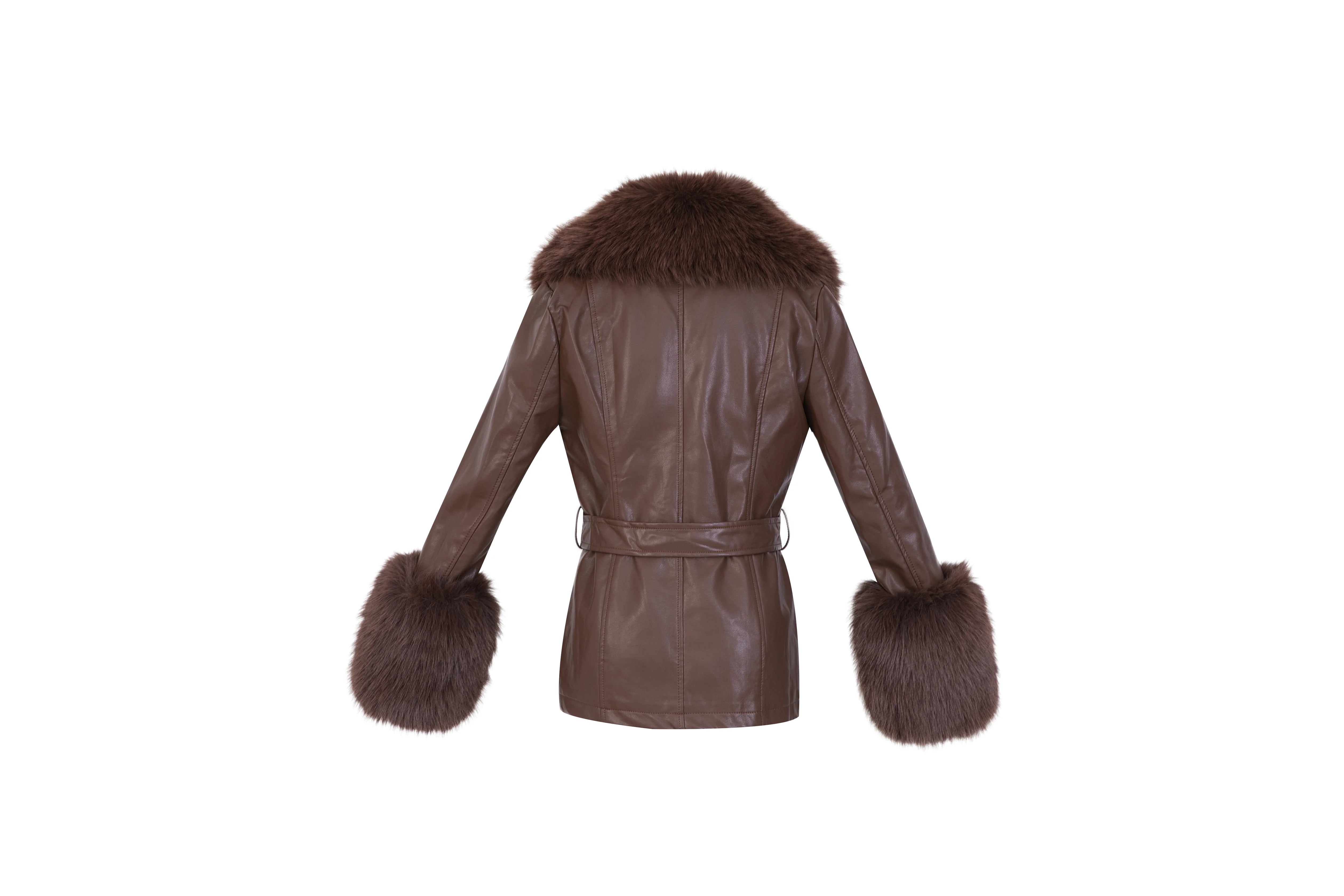 Brown Short Faux Leather Coat with Detachable Fur