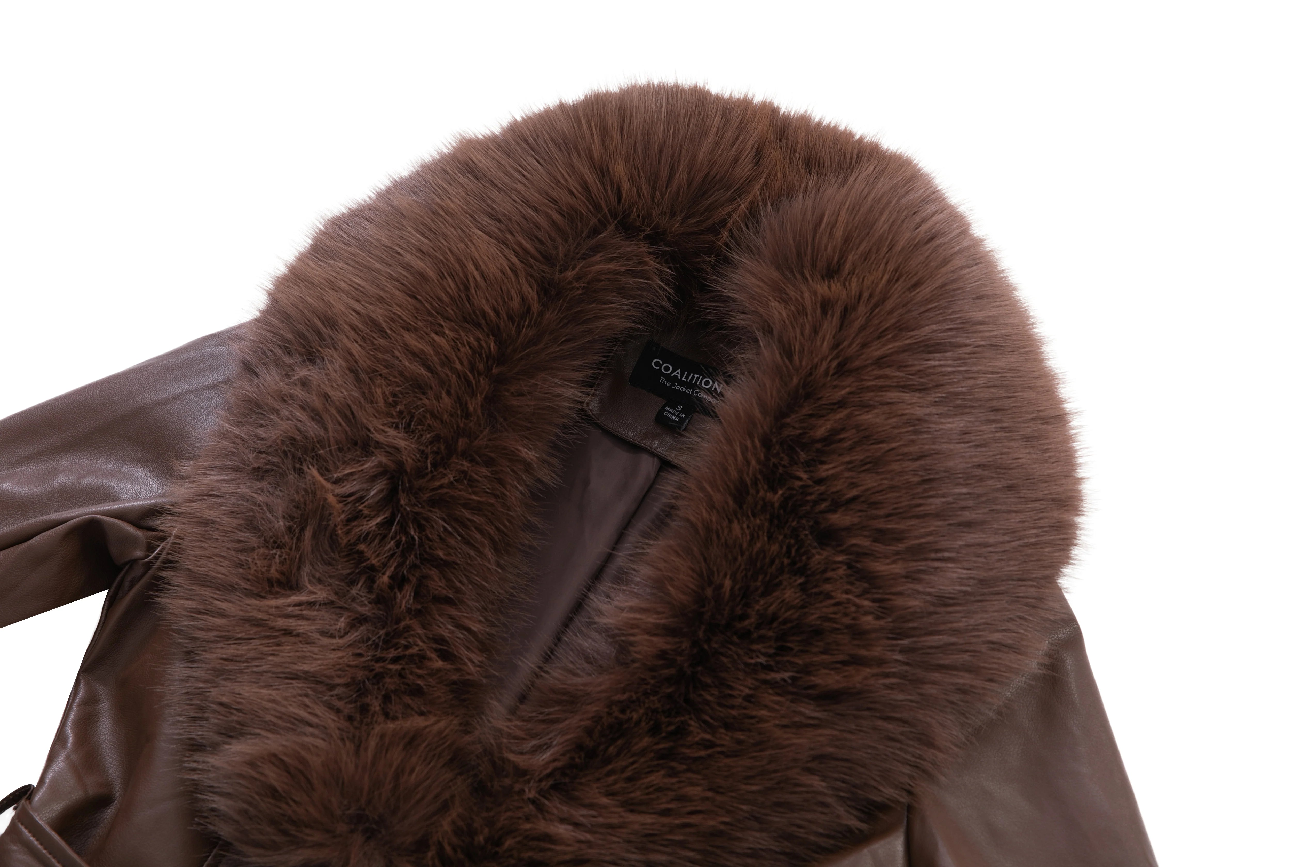 Brown Short Faux Leather Coat with Detachable Fur