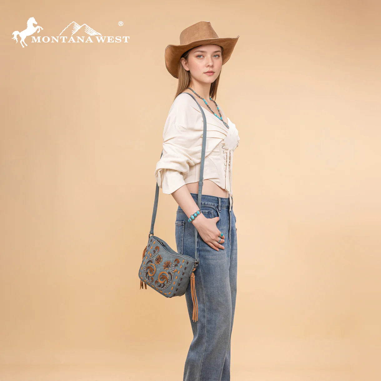 Montana West Embroidered Crossbody in Jean