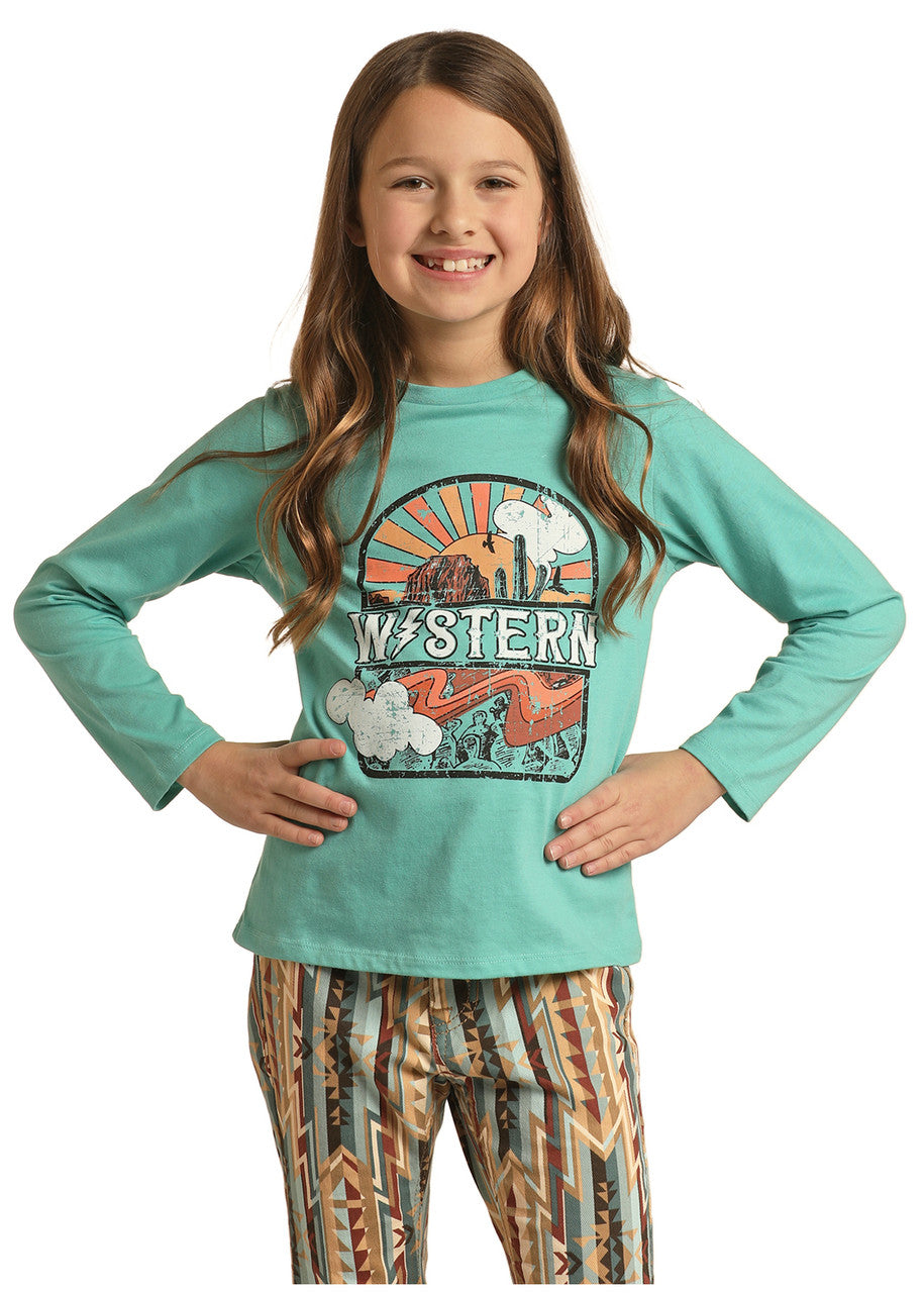 Rock & Roll Girl's Turquoise Western Graphic Long Sleeve T-Shirt