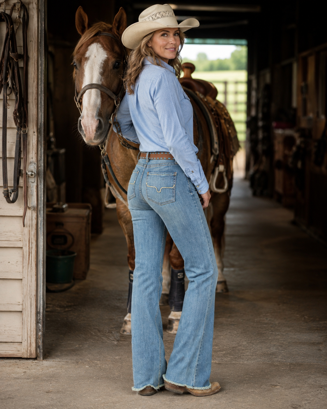 A woman in a cowboy hat, light blue button-up shirt, and light blue flared jeans stands in a barn next to a brown horse, shown from the back.
