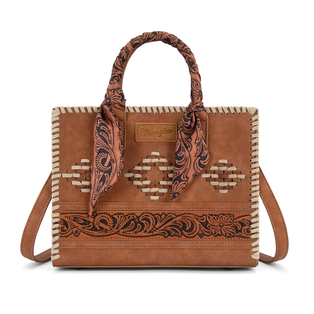Wrangler Whipstitch Aztec Satchel/Crossbody with Scarf Handle - Brown
