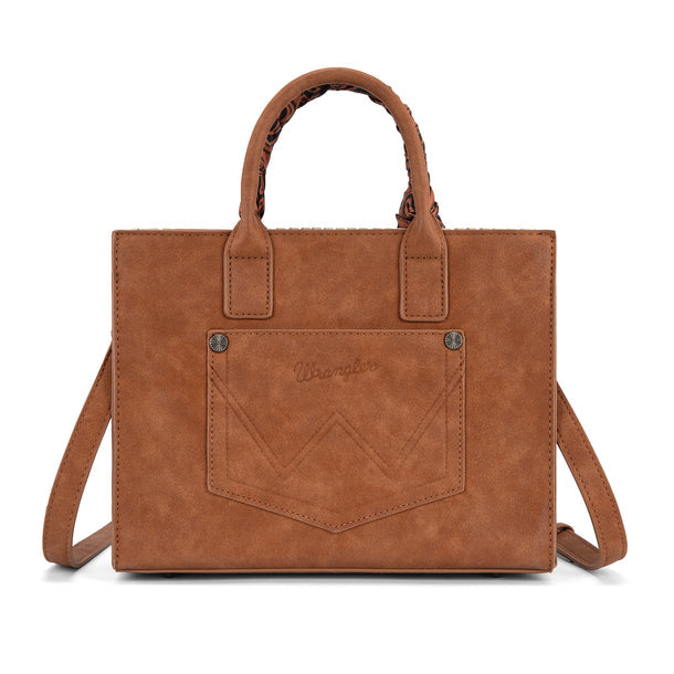 Wrangler Whipstitch Aztec Satchel/Crossbody with Scarf Handle - Brown