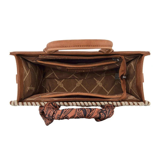 Wrangler Whipstitch Aztec Satchel/Crossbody with Scarf Handle - Brown