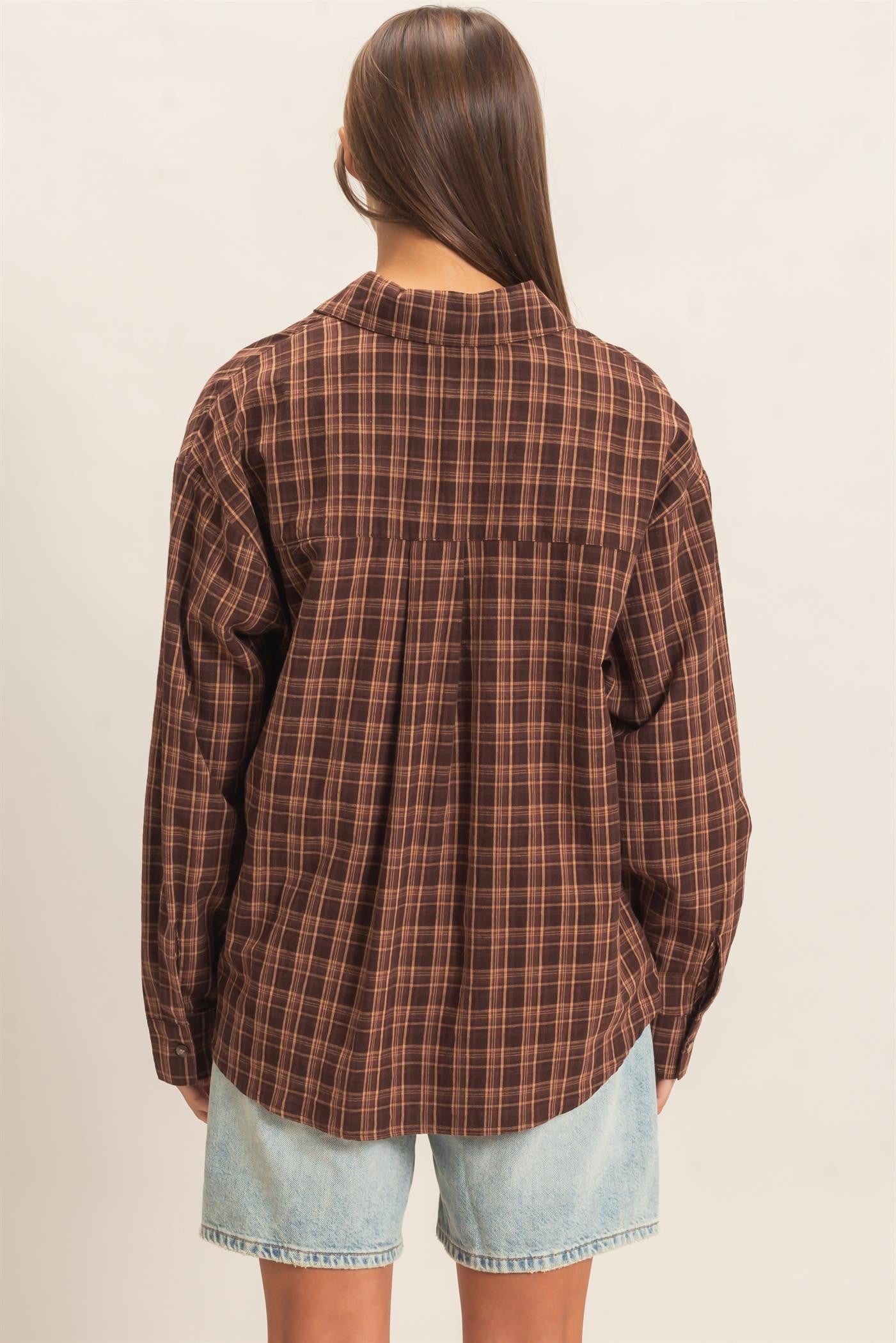 W Plaid Oversized Shirt-Brown