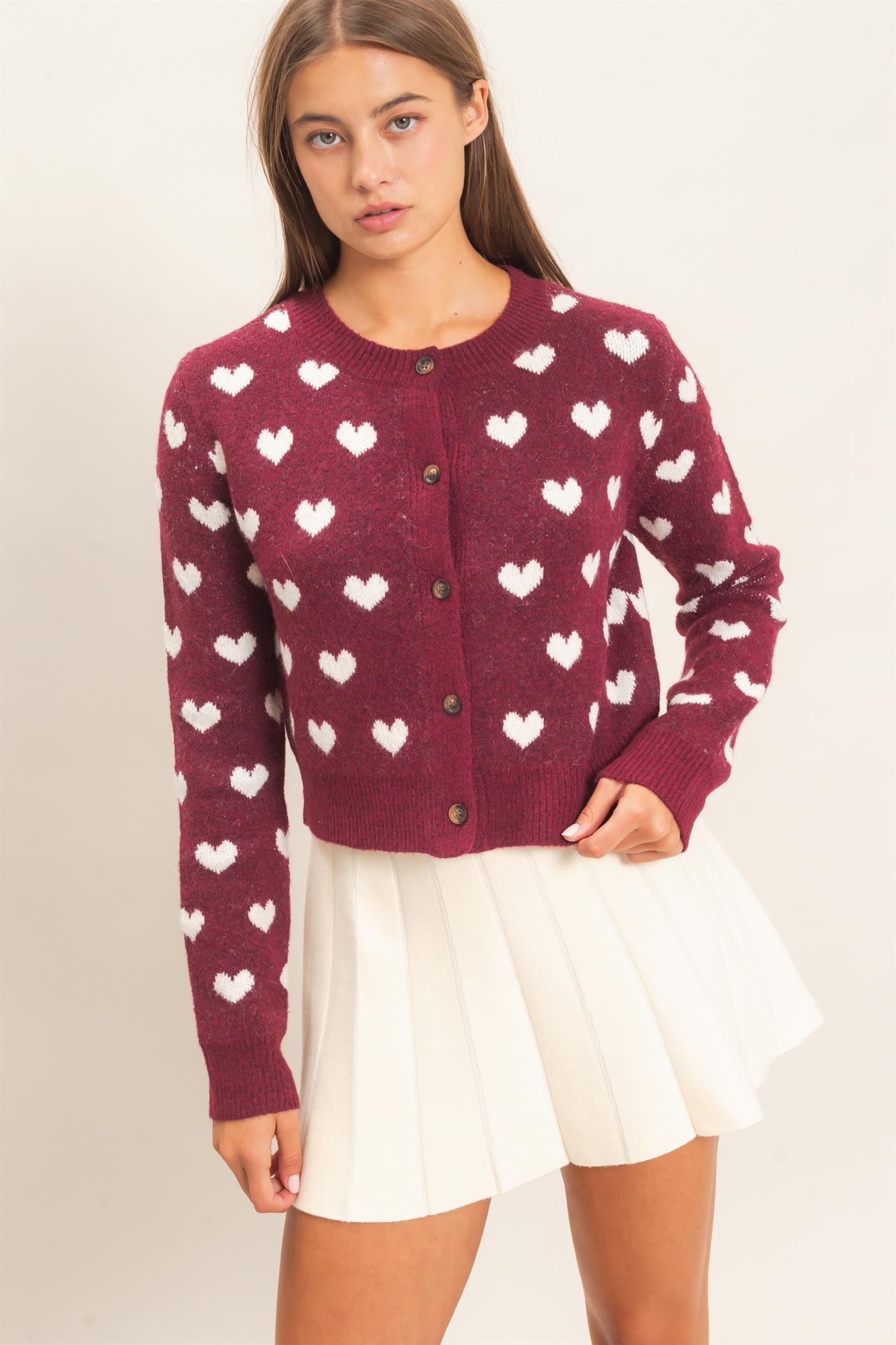 W Heart Cardigan- Dark Cherry