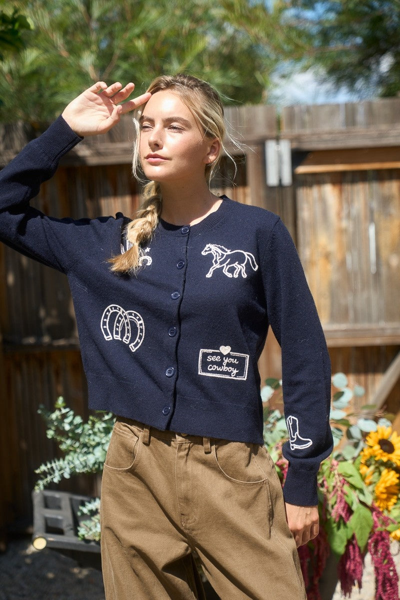 W Western Graphic Button Front Knit Cardigan Sweater