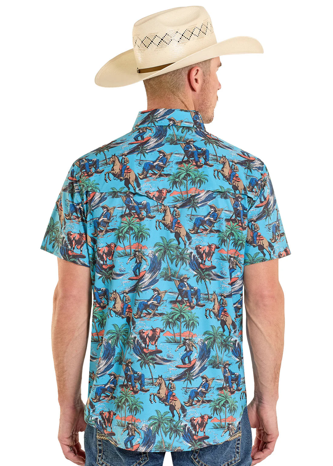 Men's Hang Ten Cowboy TEK Western Short Sleeve Shirt-Turquoise