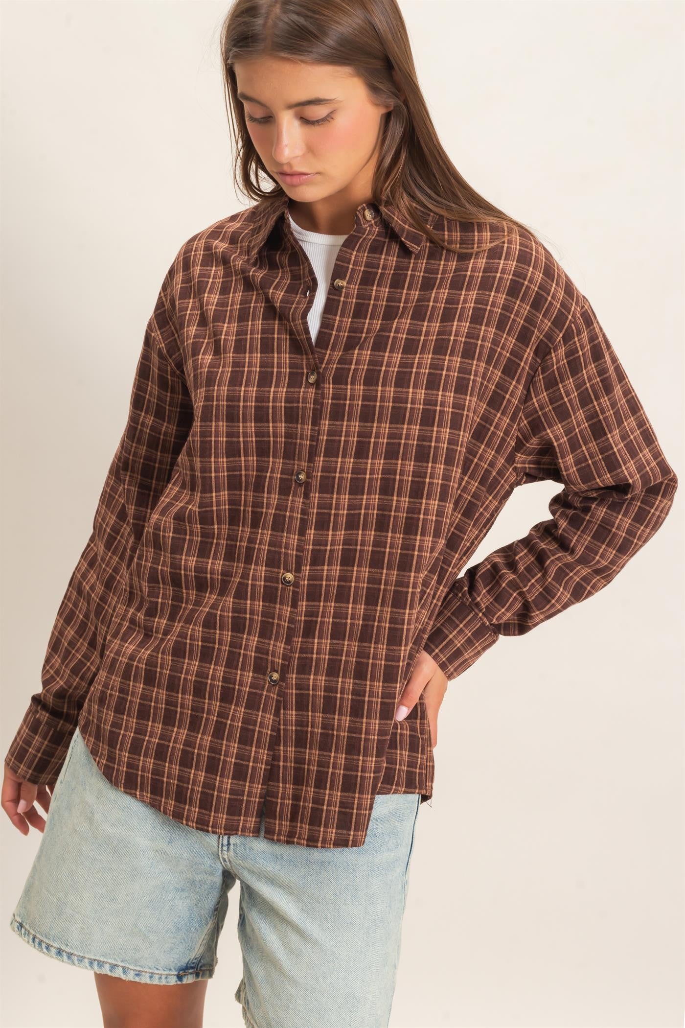 W Plaid Oversized Shirt-Brown
