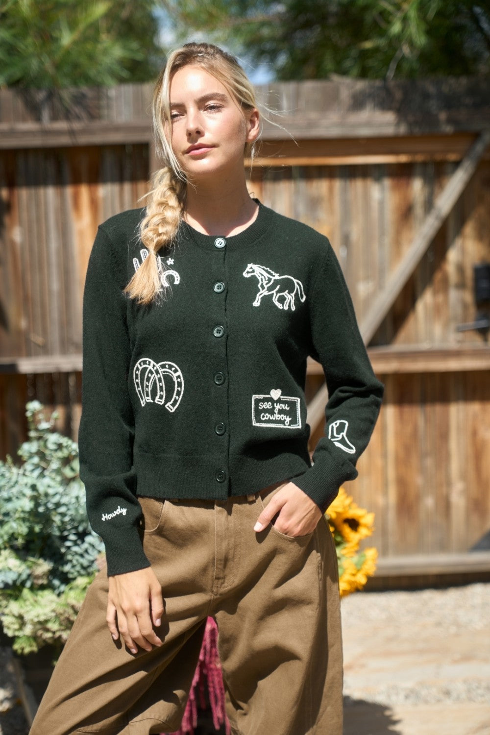 W Western Graphic Button Front Knit Cardigan Sweater